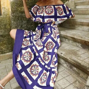 Multicolor Boho Womens Allover Print Off Shoulder Belted Dress